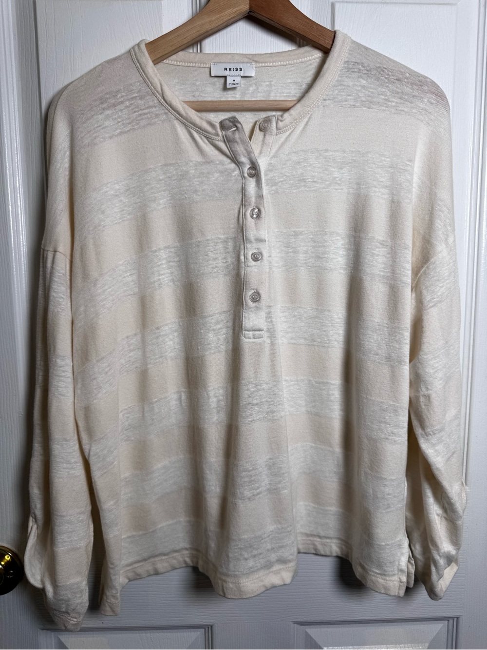 Reiss Olivia Linen Cotton Henley Top Size Medium Ivory Quiet Luxury Coastal